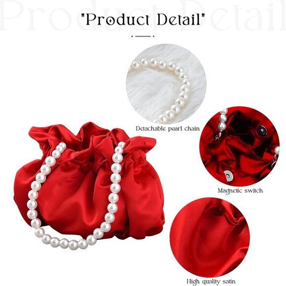 Small Wristlet Purses Mini Bucket Bag Women Hobo Bag with Faux Pearl Chain Red - Picture 4 of 7
